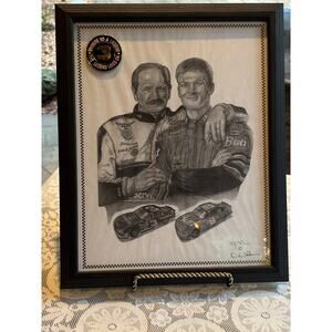 Framed Dale Earnhardt & Jr. Nascar Racing Sketch Print Signed Dale Adkins
